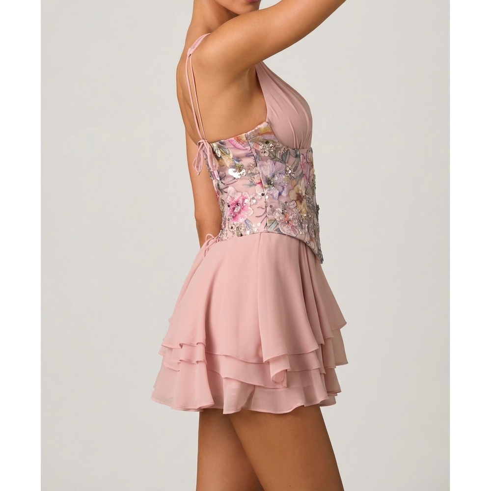 Oh Polly Pink Floral Embroidered Corset Mini Dress Tiered Ruffle Skirt US 10 NWT - Picture 4 of 11